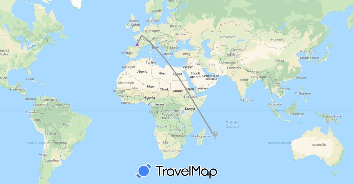TravelMap itinerary: driving, plane, train in France, Mauritius (Africa, Europe)